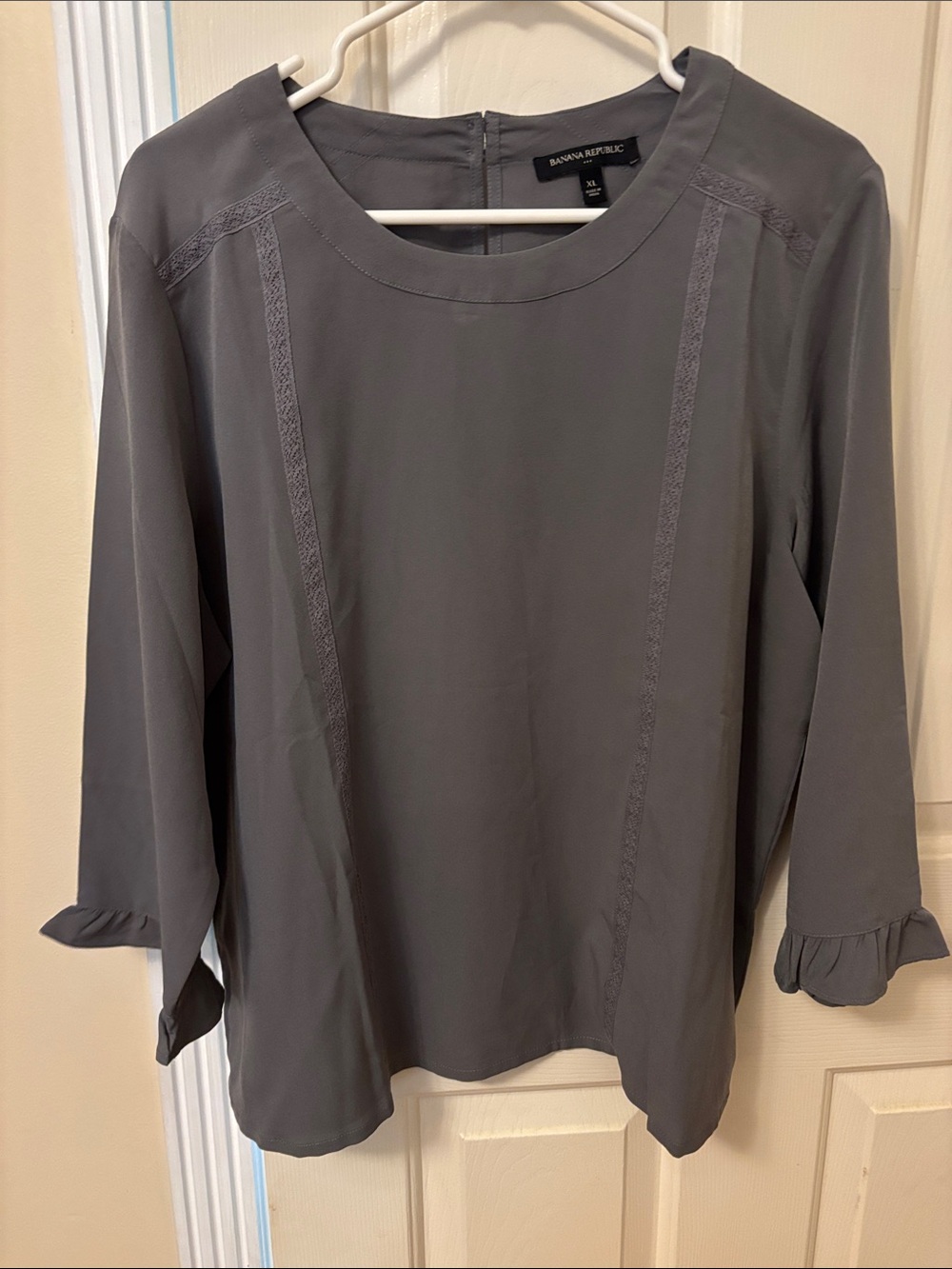 Banana Republic Slate Gray Lace-Trim Round Neck Blouse